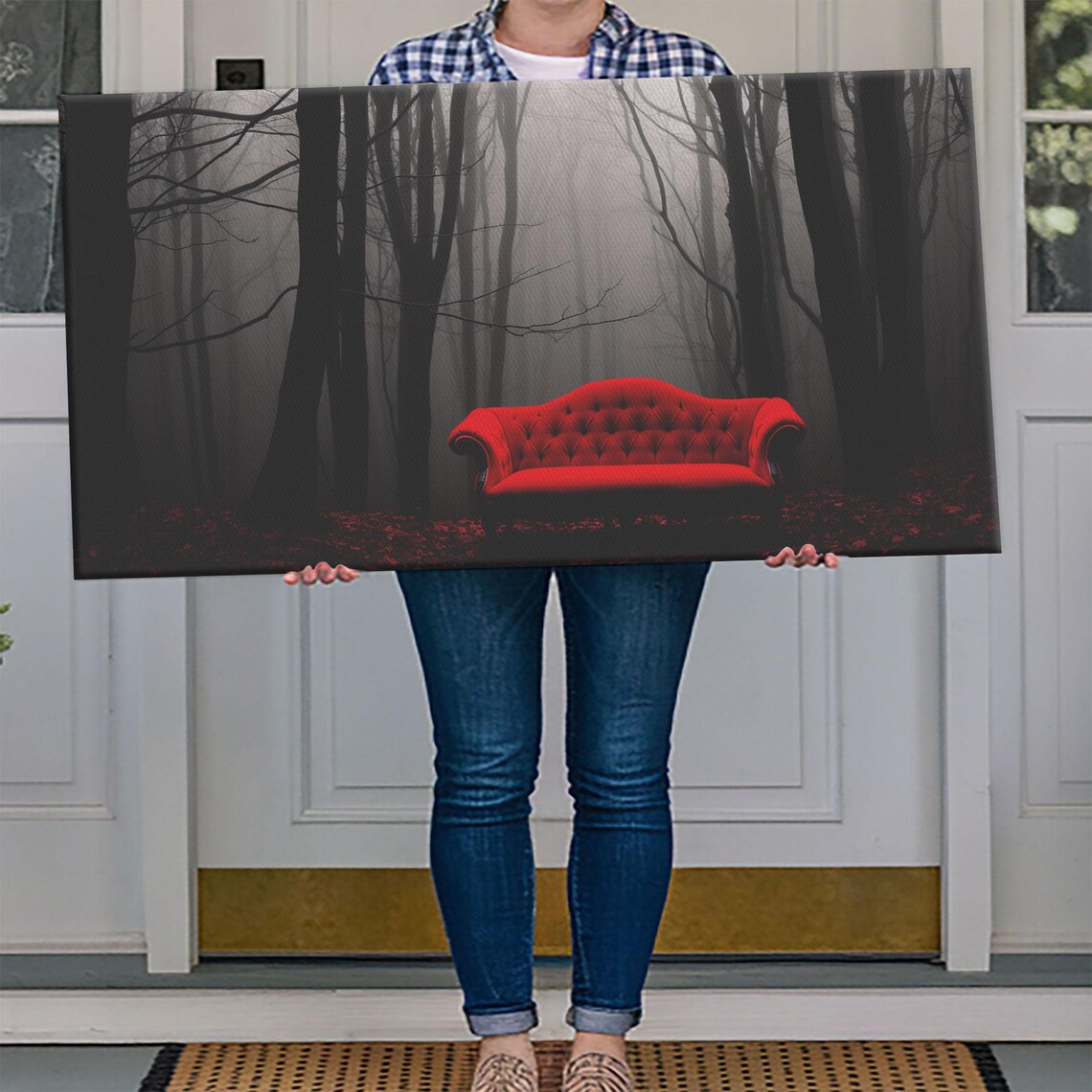 Red Velvet Sofa In Dark Foggy Forest Surreal Gothic Mystery Wall Art Poster - Image 4