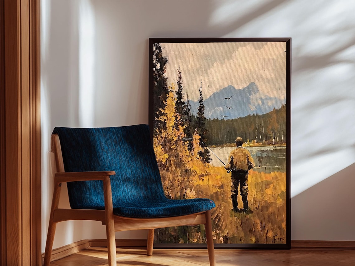 Fly Fisherman Mountain Lake Autumn Oil Painting Cabin Wall Art Poster - Image 3