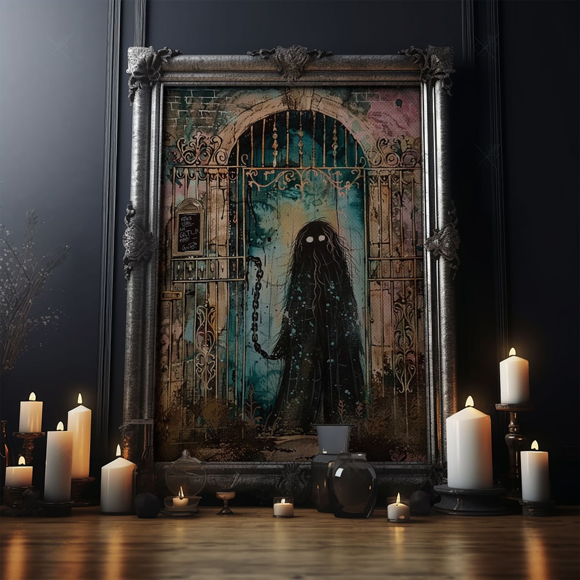 Shadow Ghost Glowing Eyes Locked Iron Gate Spooky Art Poster - Image 4