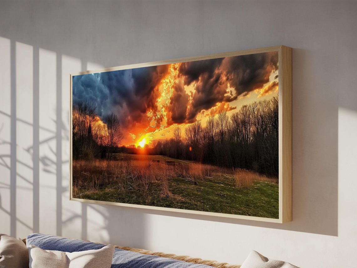 Dramatic Stormy Sunset Over Meadow Treeline Countryside Poster - Image 6