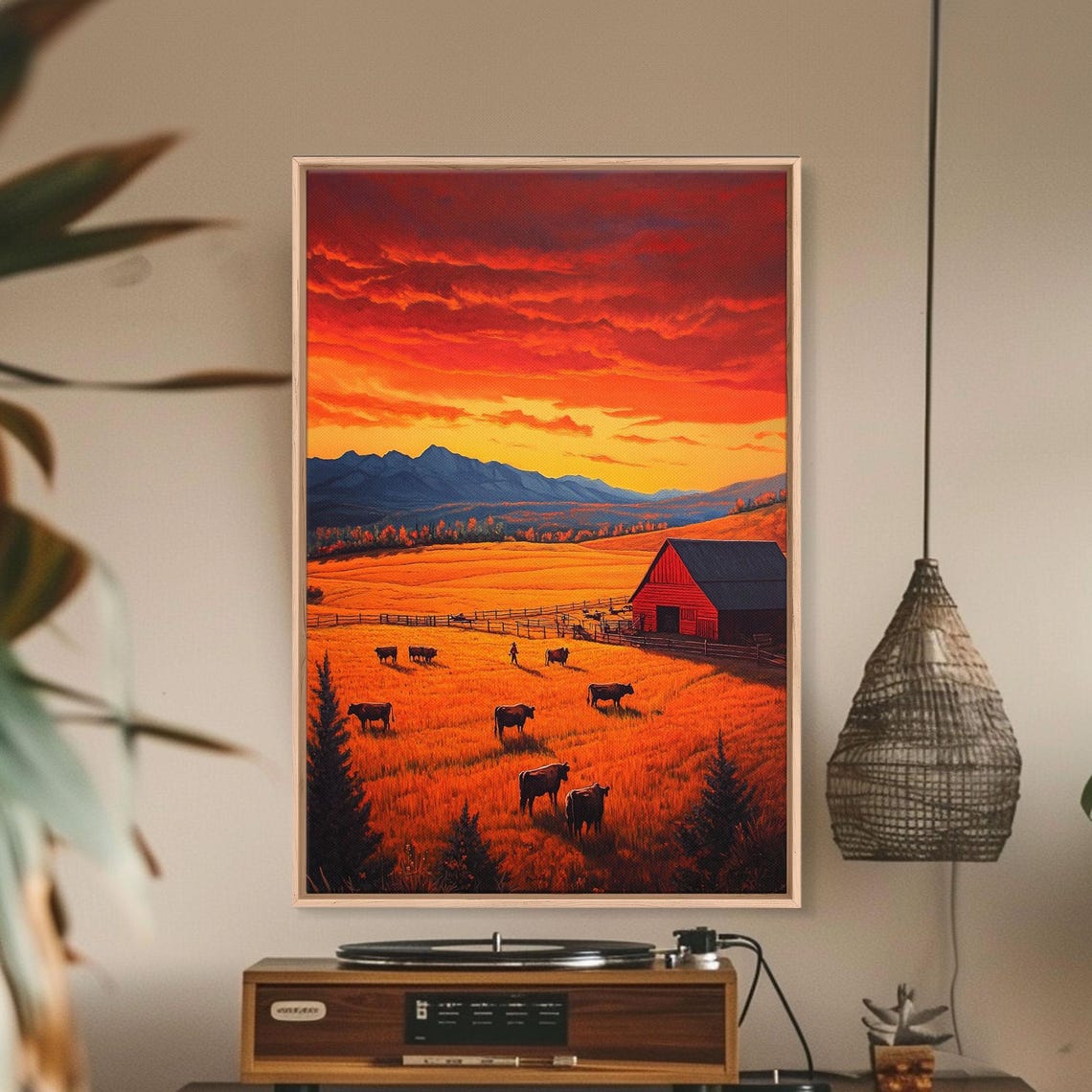 Golden Fields At Sunset With Red Barn Grazing Cows Farm Poster - Image 5