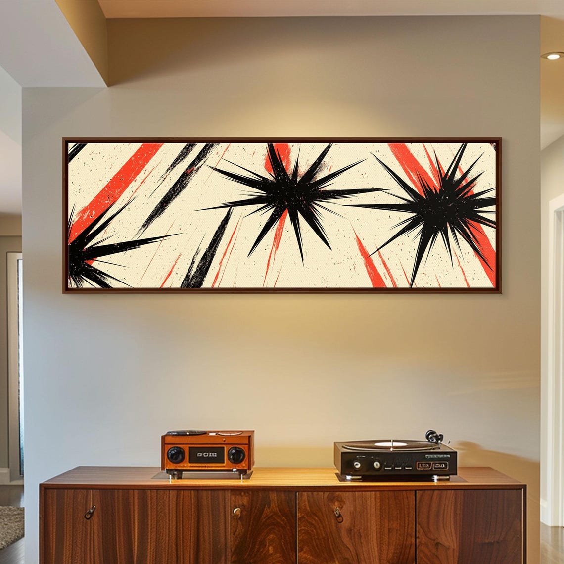 Black Starbursts With Red Streaks Mid Century Modern Abstract Poster - Image 2