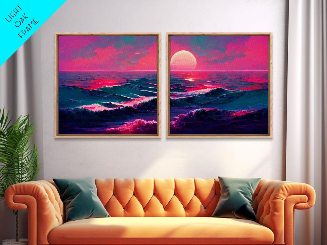 Synthwave Ocean Sunset Two Piece Retro Neon Pink Outrun Wall Art