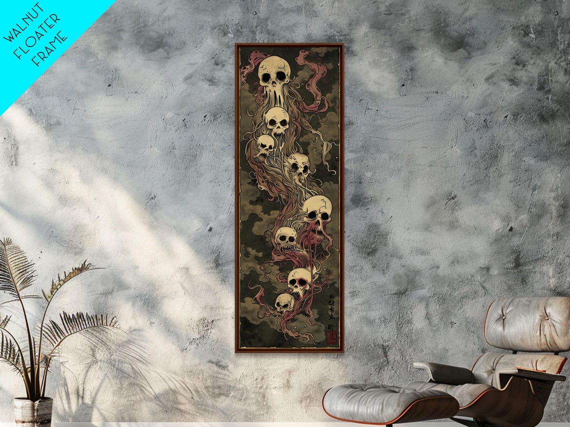 Hauntingly Beautiful Floating Skulls On Tall Vertical Print Featuring Japanese Ghostly Art In Eerie Style - Image 5