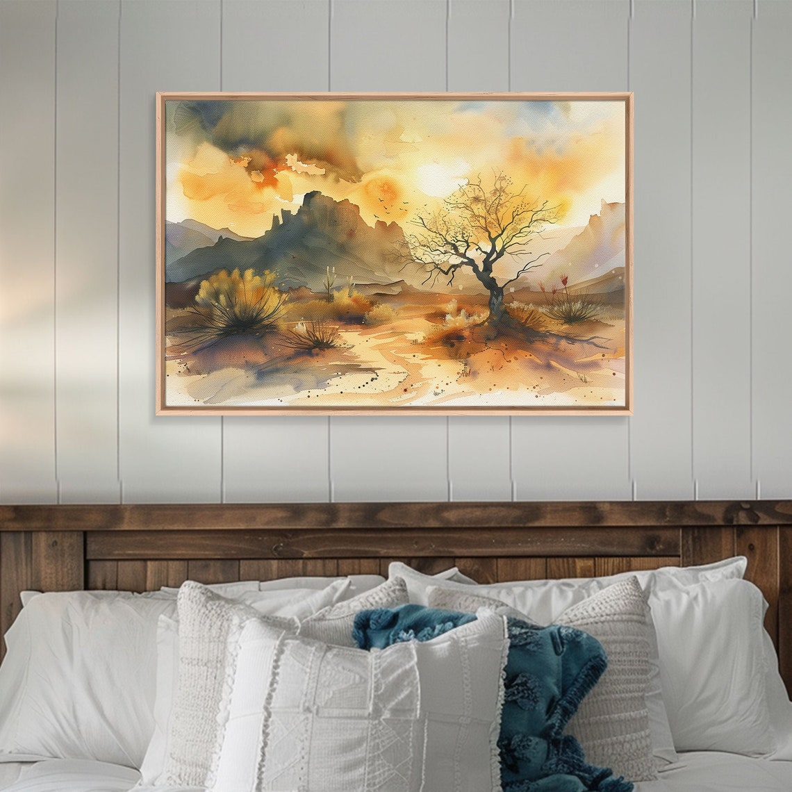 Desert Watercolor Lone Bare Tree Rocky Butte Golden Sunset Sky Poster - Image 3