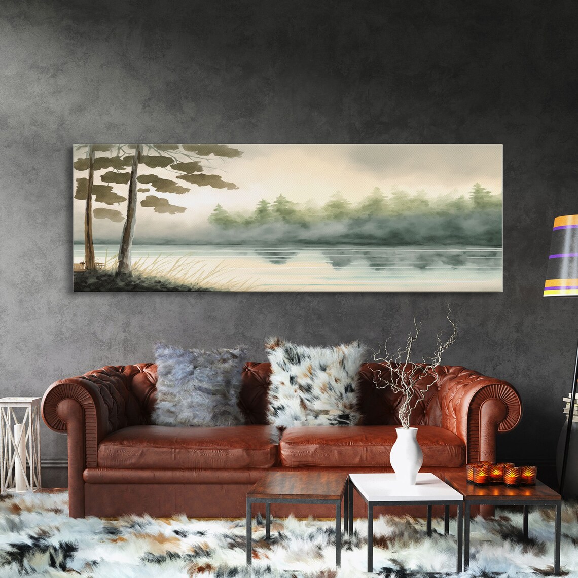 Misty Lake and Pine Forest Landscape Art Print - Image 3