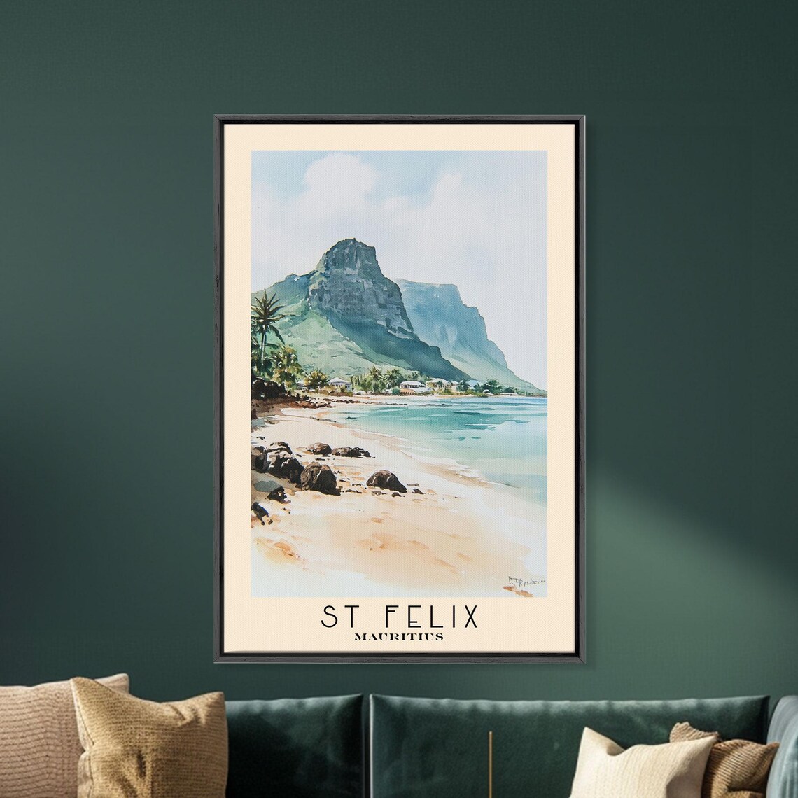 St Felix Mauritius Sandy Bay Rocky Shore Mountain View Travel Poster - Image 5