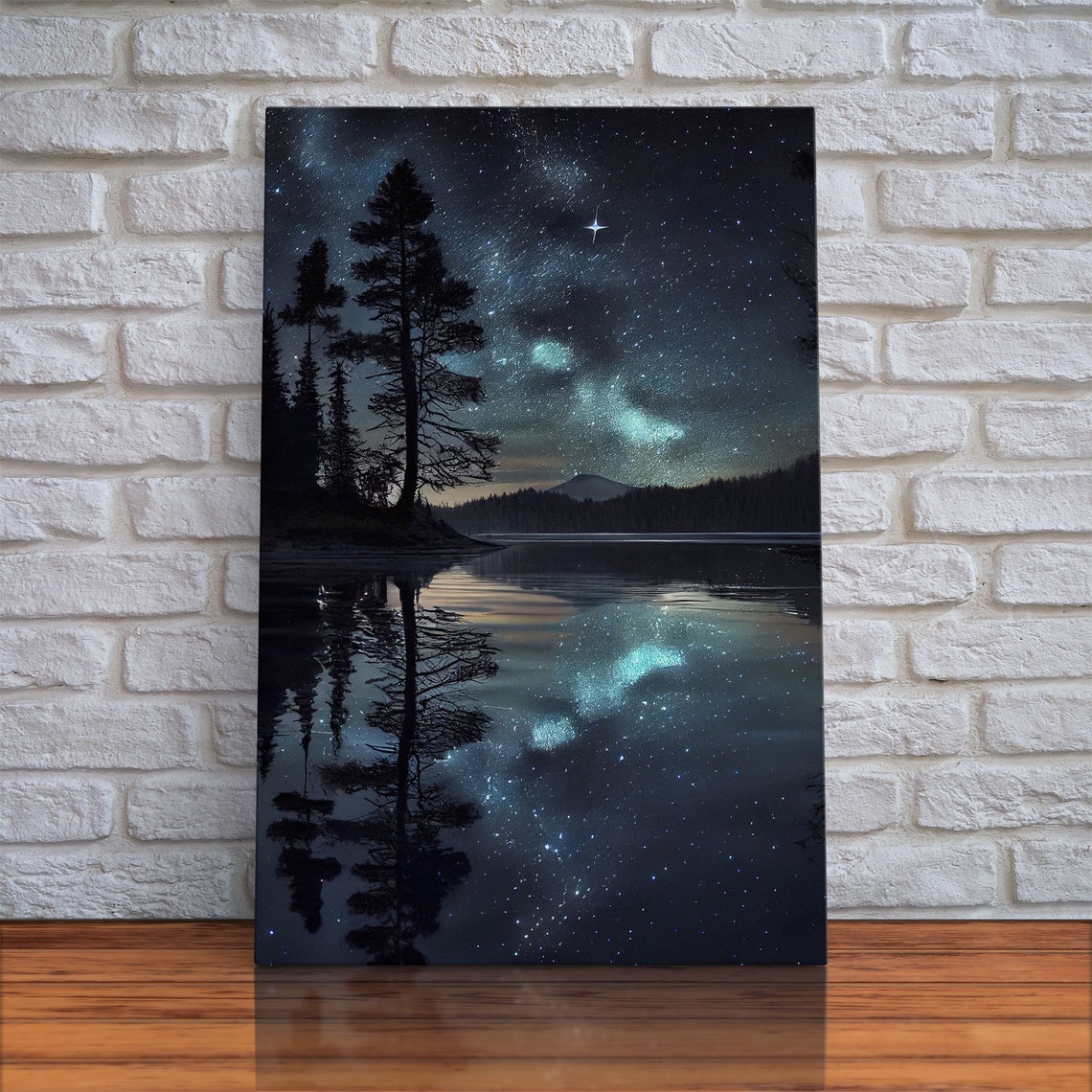 Starry Night Lake Milky Way Pine Trees Reflection Water Poster