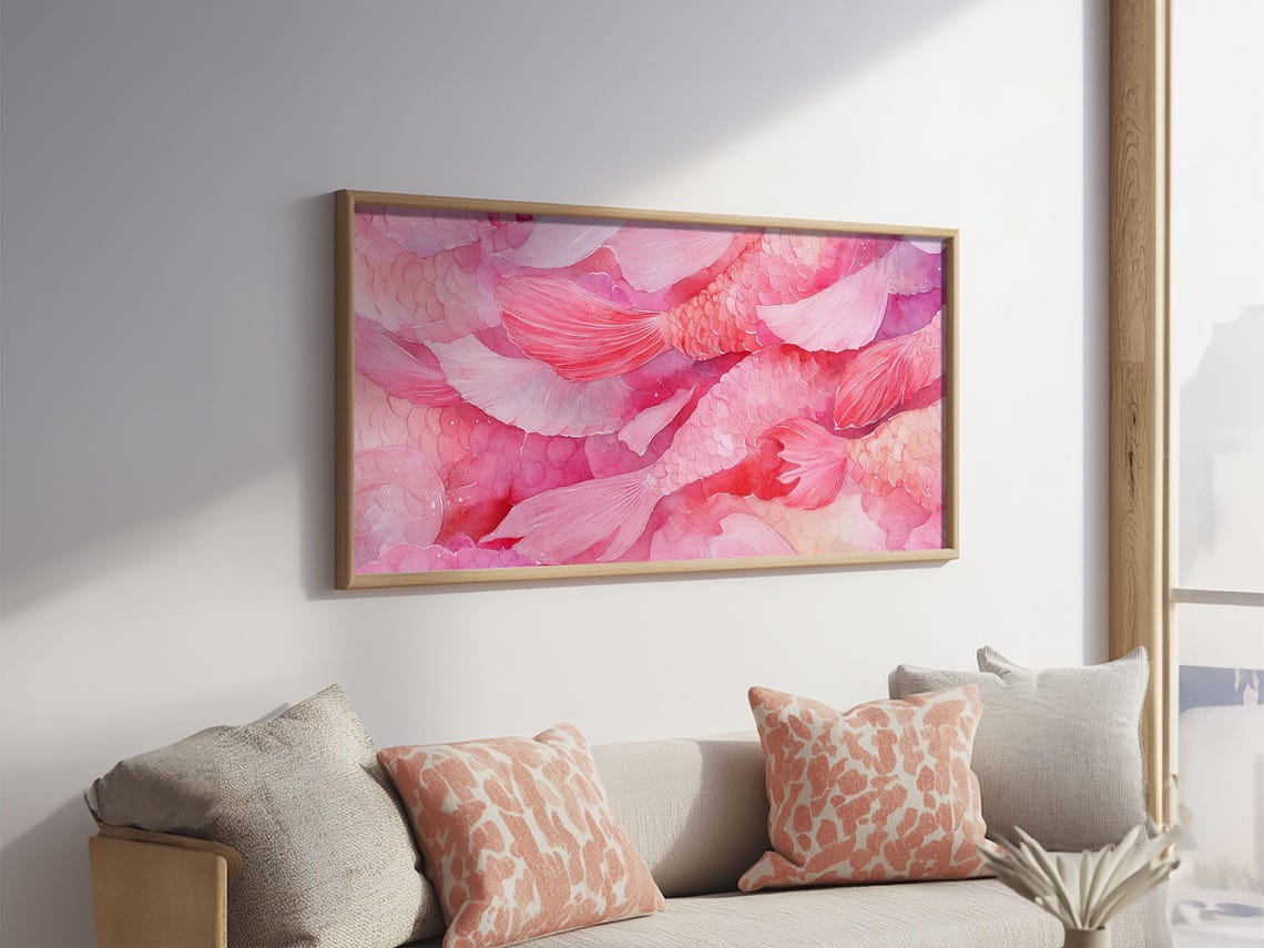 Pink Watercolor Koi Fish Wide Horizontal Abstract Pink Fish Poster - Image 2
