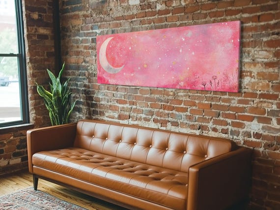 Crescent Moon Painting Print With Whimsical Starry Sky Pink Wall Art For Living Room Or Guest Room Dreamy Decor