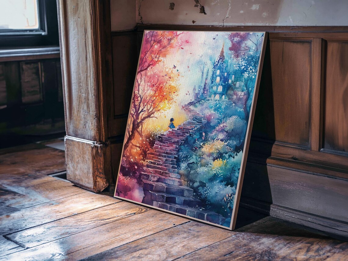 Whimsical Autumn Pathway Framed Print Cherry Blossom Painting Moody Art Cottagecore Living Room Rustic Wall Art