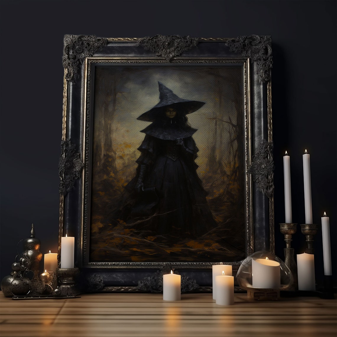 Gothic Witch Standing In Misty Autumn Forest Vintage Halloween Print - Image 6
