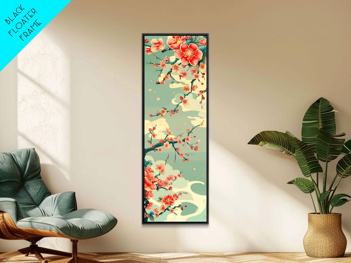 Red Plum Blossoms Turquoise Sky Japanese Ukiyo-E Vertical Print - Image 3