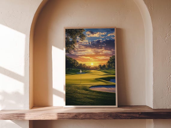 Golf Sunset Print Scenic Landscape Painting Farmhouse Living Room Art Horizontal Rustic Decor Gift Idea For Him