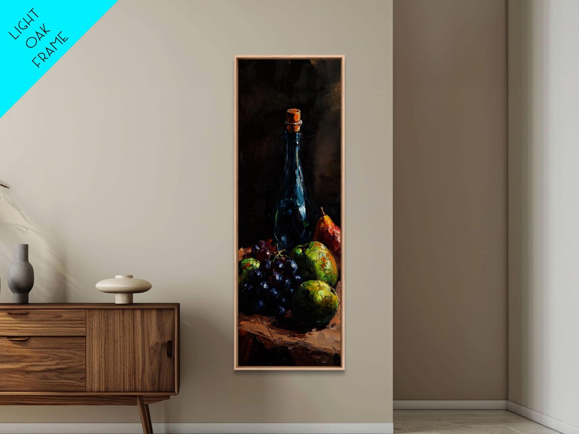 Dark Wine Bottle Grapes Pears Moody Still Life Oil Painting Poster - Image 3
