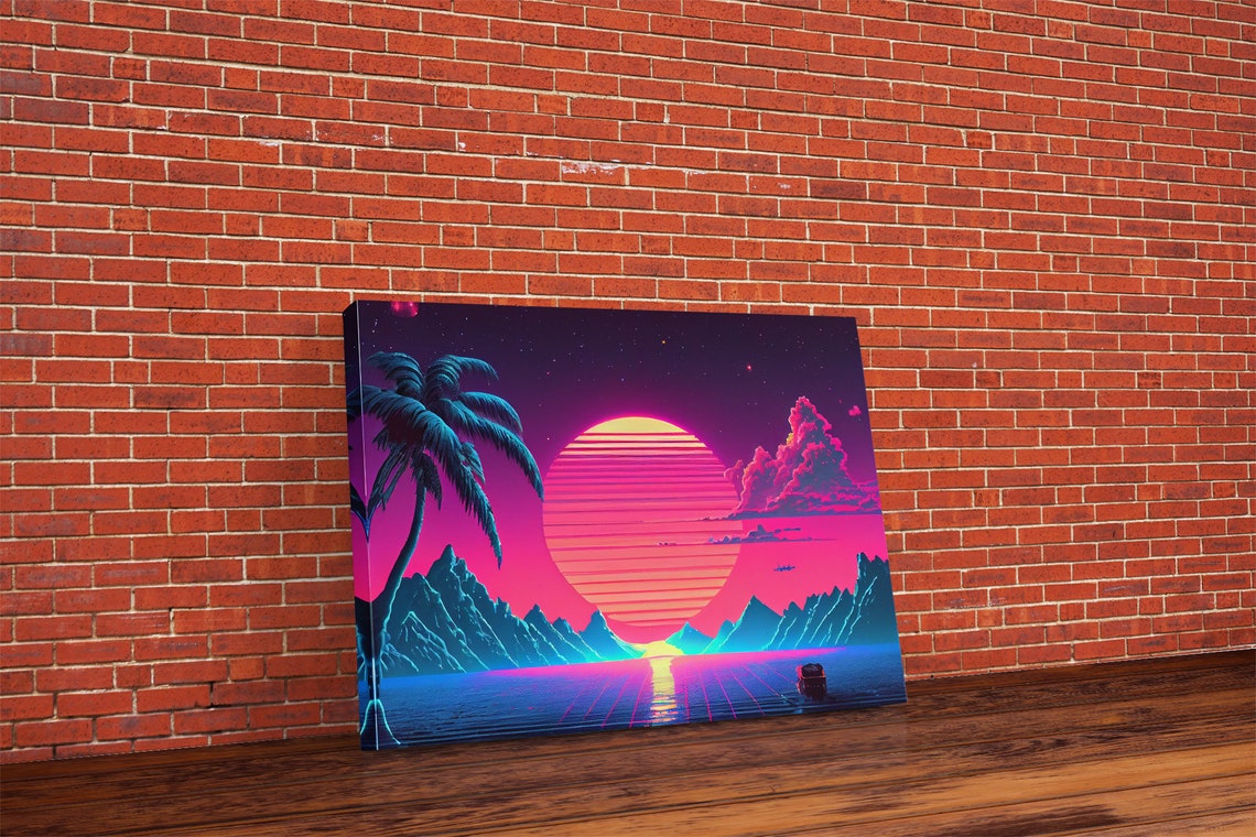 Retro Outrun Style Palm Trees And Sunset Framed Print Wireframe Lake And Mountain Vista - Image 6