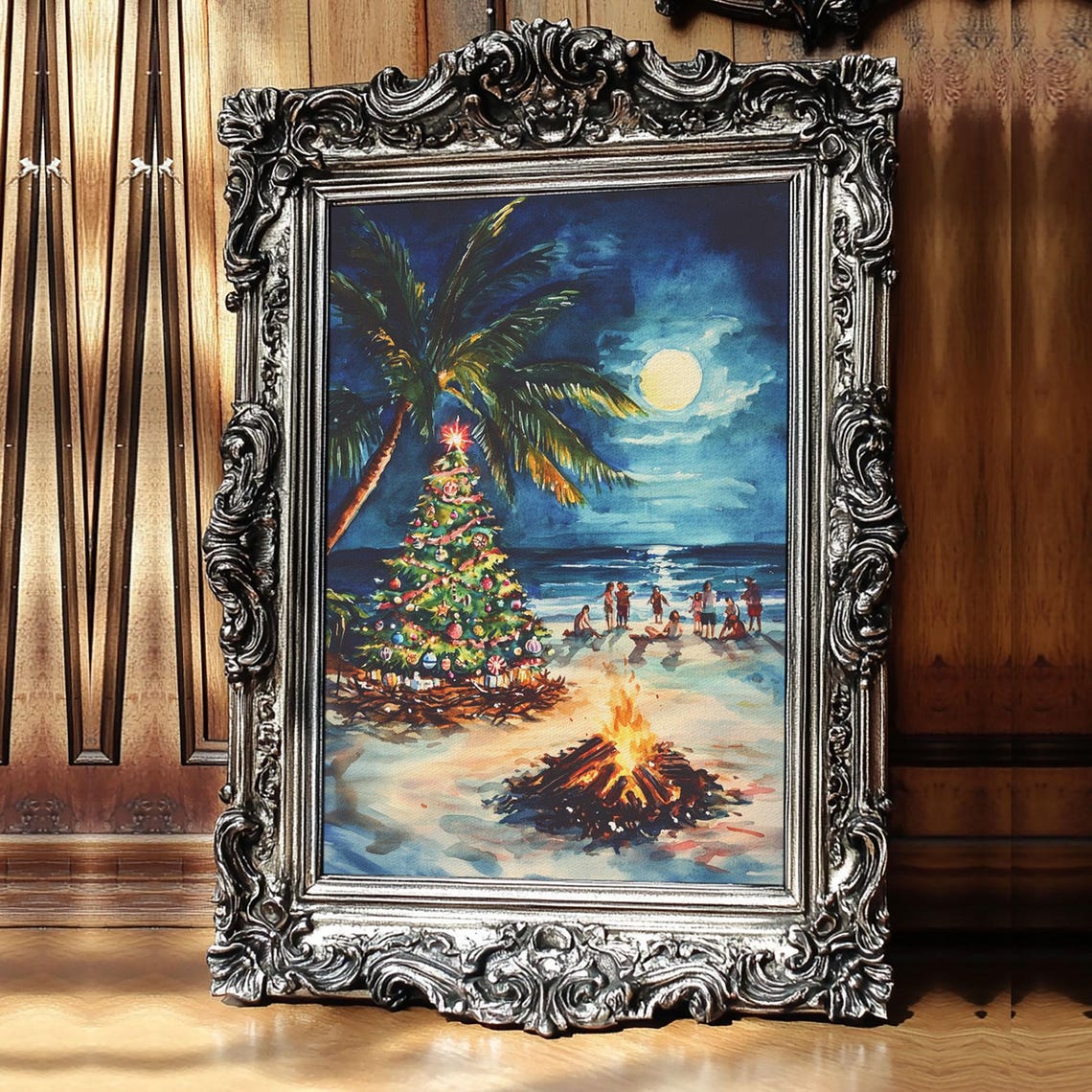 Tropical Beach Christmas Tree Bonfire At Night Ocean Waves Poster - Image 5
