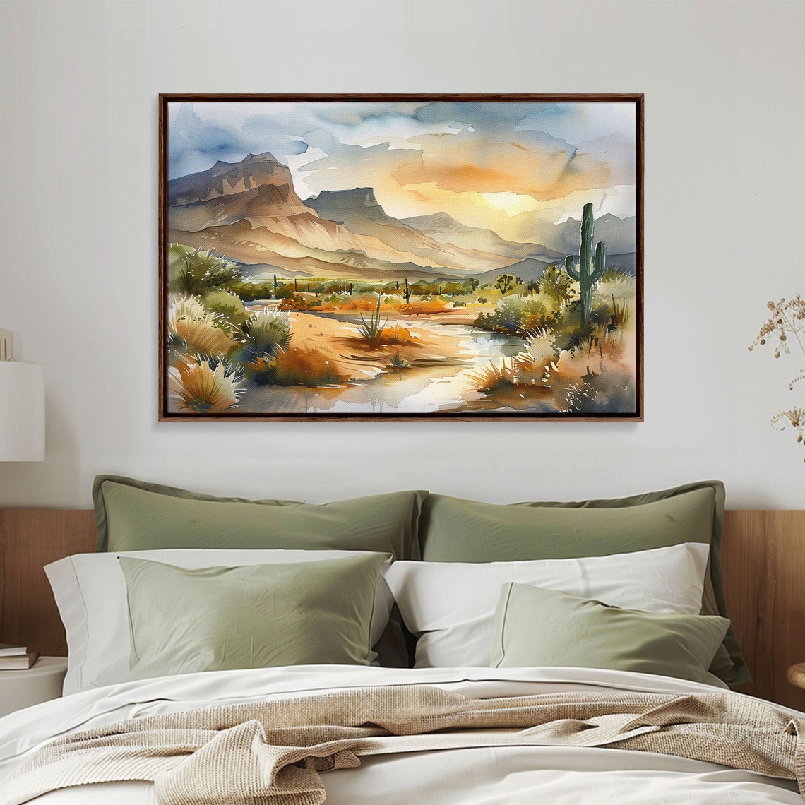 Arizona Desert Watercolor Mesa Saguaro Cactus Pond Golden Sunset Print
