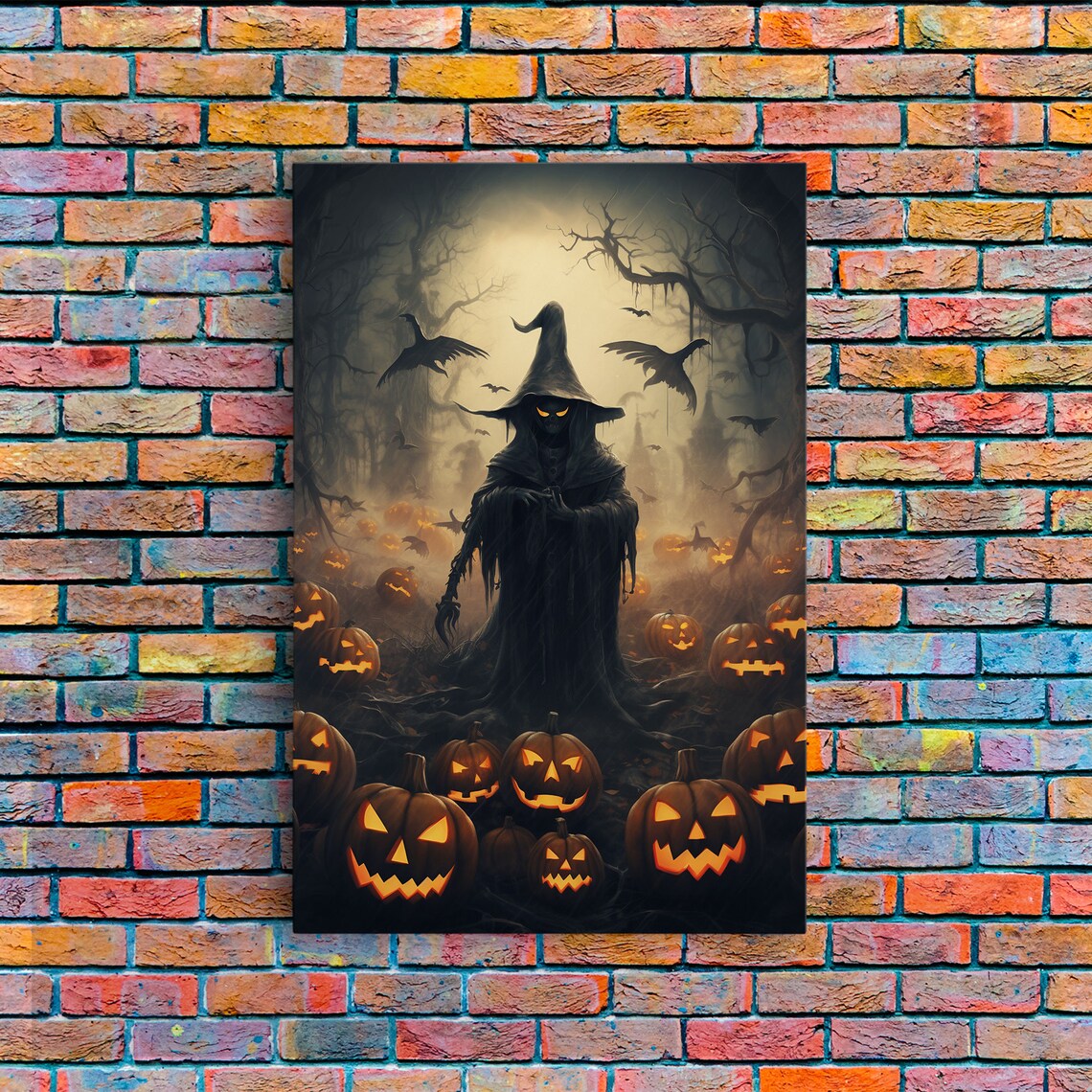 Scarecrow and Jack O'Lantern Field, Halloween Art Print - Image 3