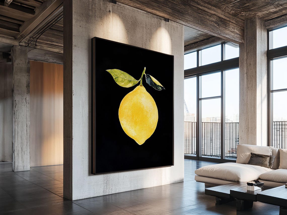 Single Yellow Lemon On Black Botanical Minimalist Fruit Print - Image 3