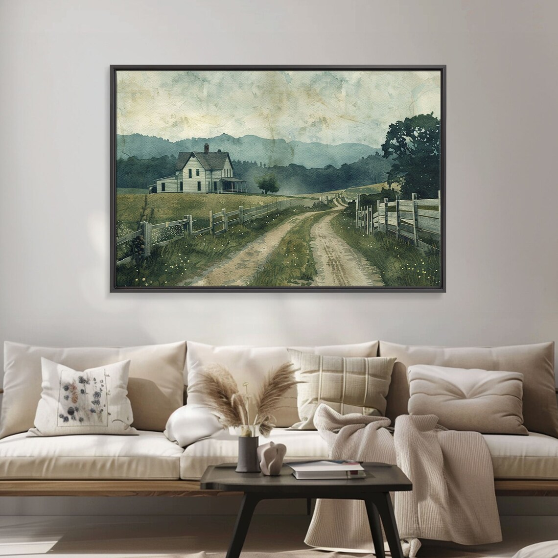 Country Road to White Farmhouse Watercolor Fences Misty Hills Poster - Image 3