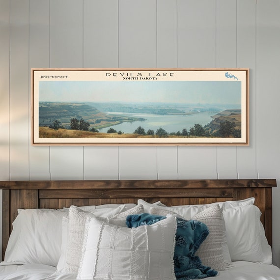 Devils Lake North Dakota Framed Print Lake House Art Panoramic Travel Poster Wall Art Modern Lake Painting Home Decor