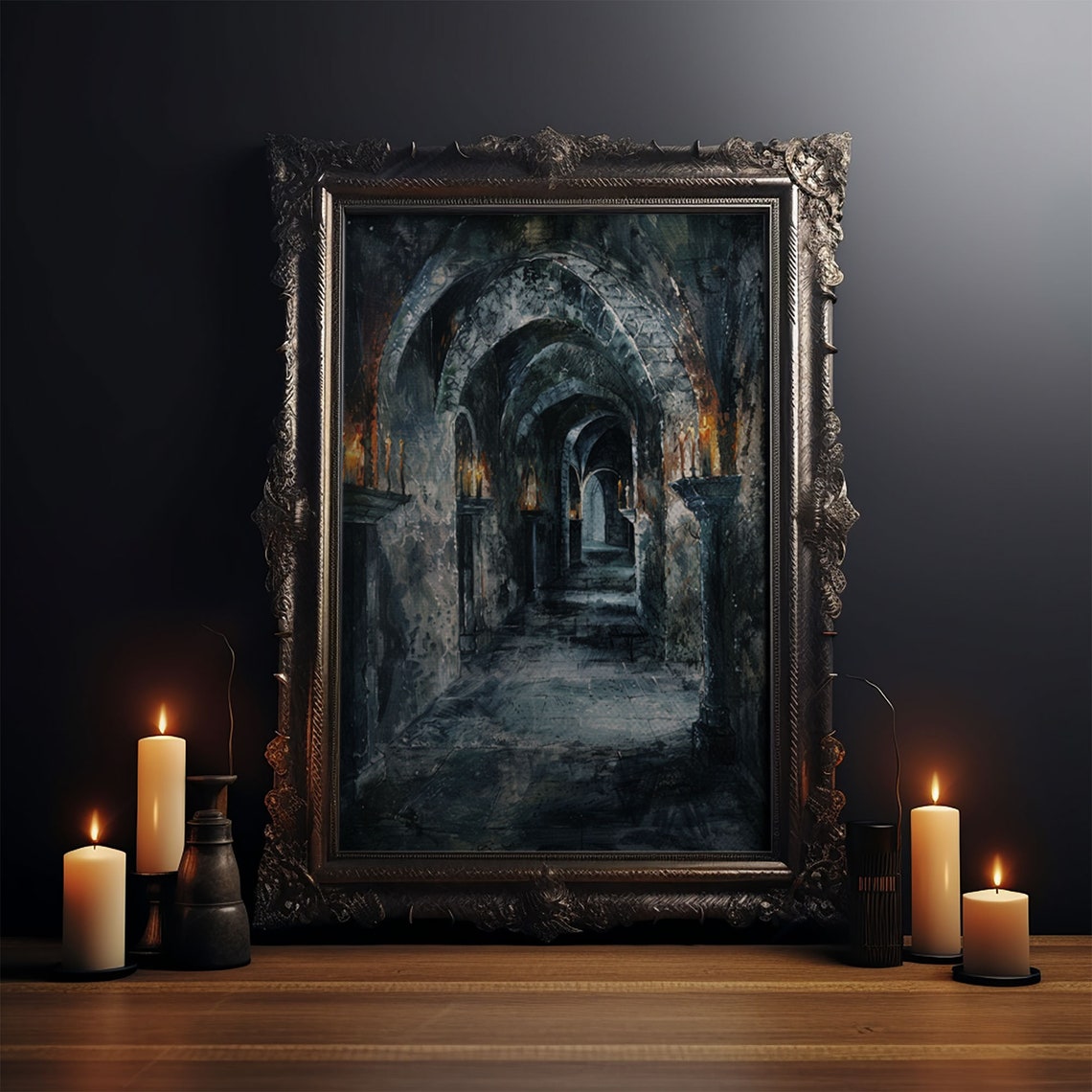 Dark Gothic Hallway With Candle Torches Haunted Corridor Art Poster - Image 4