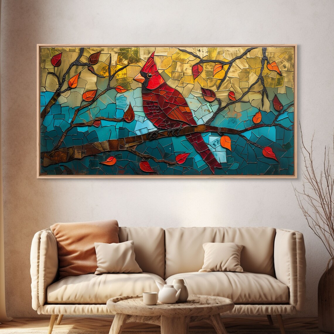 Stained Glass Cardinal Red Bird Autumn Branch Mosaic Art Poster - Image 4