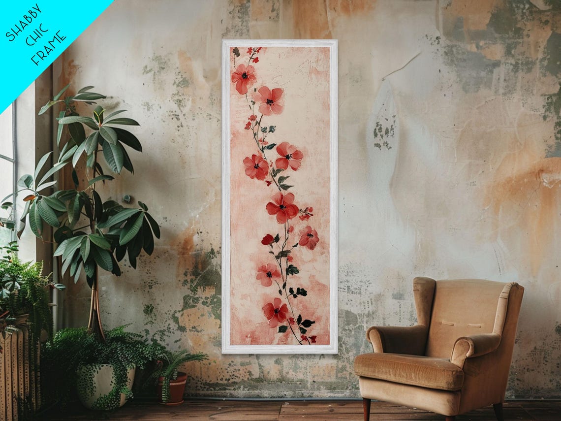 Red Cascading Flowers Blush Background Romantic Floral Wall Art - Image 6