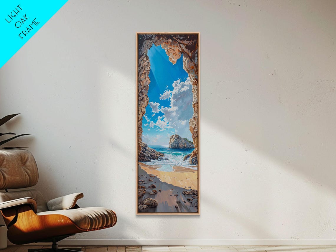 Sunlit Beach Rocky Cliff Archway Crystal Blue Sea Dramatic View Poster - Image 4