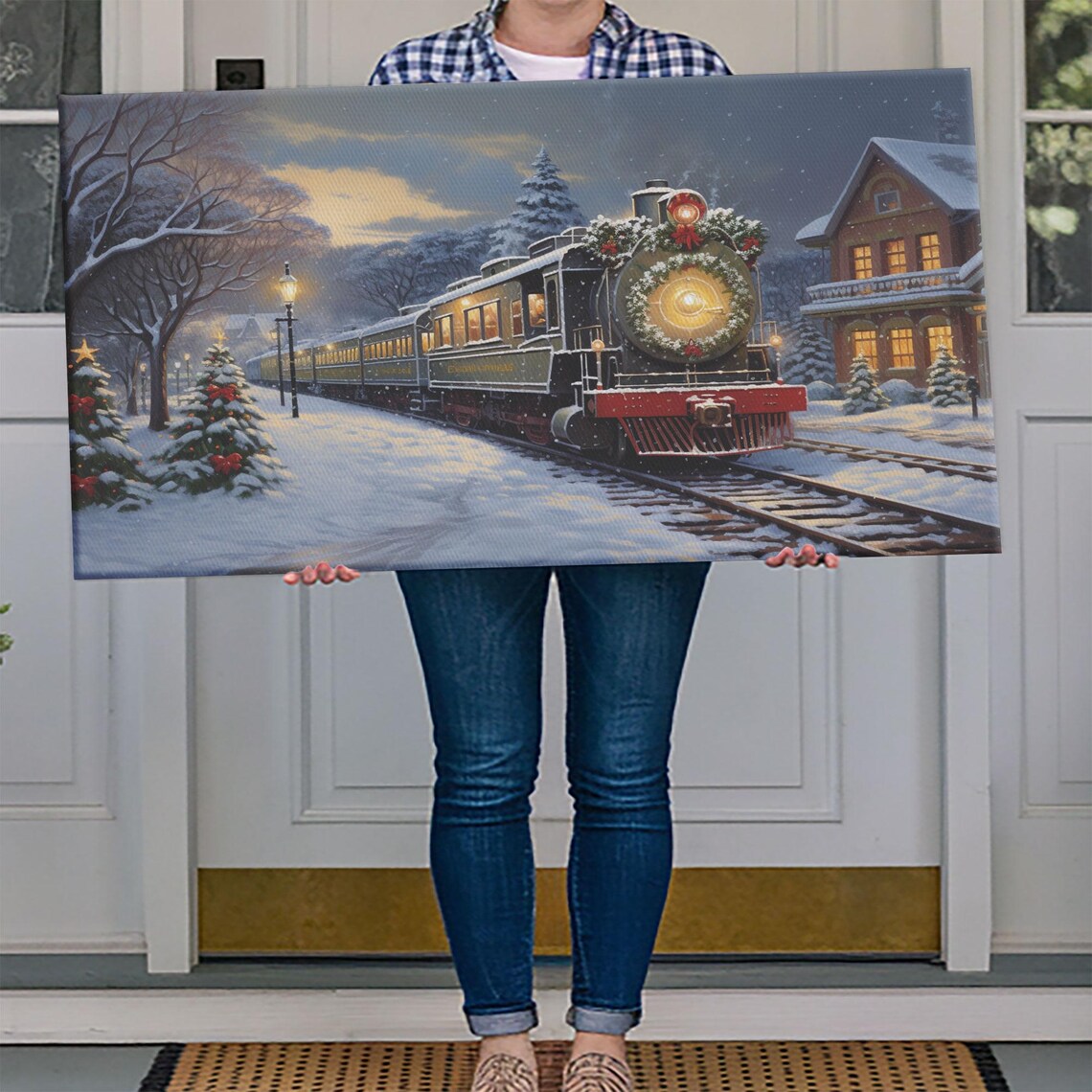 Christmas Steam Train With Wreath At Snowy Station Oil Painting Poster