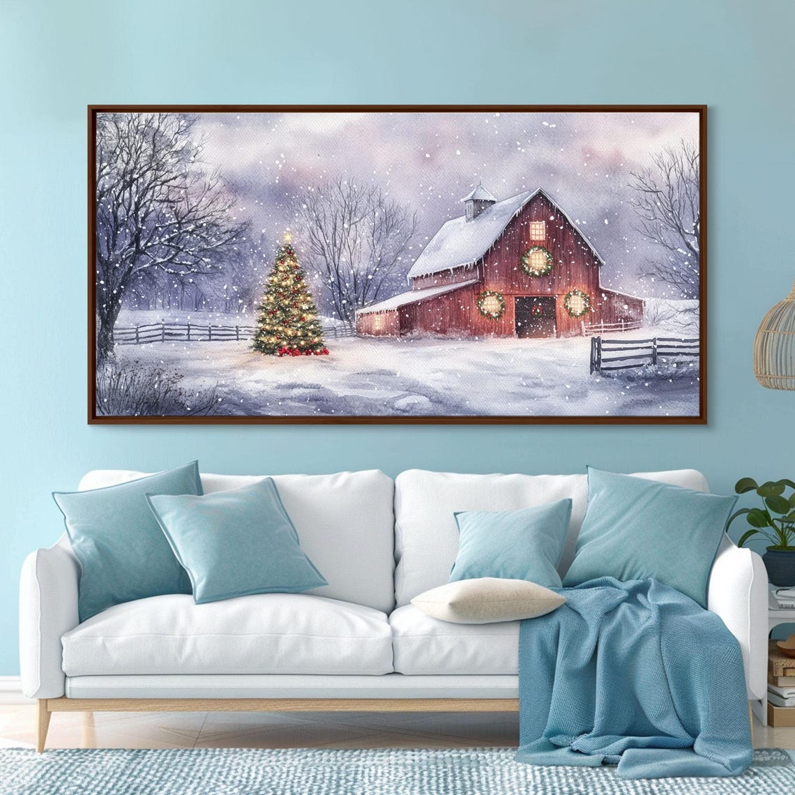 Red Barn Christmas Tree Falling Snow Glowing Holiday Farm Art Print - Image 6