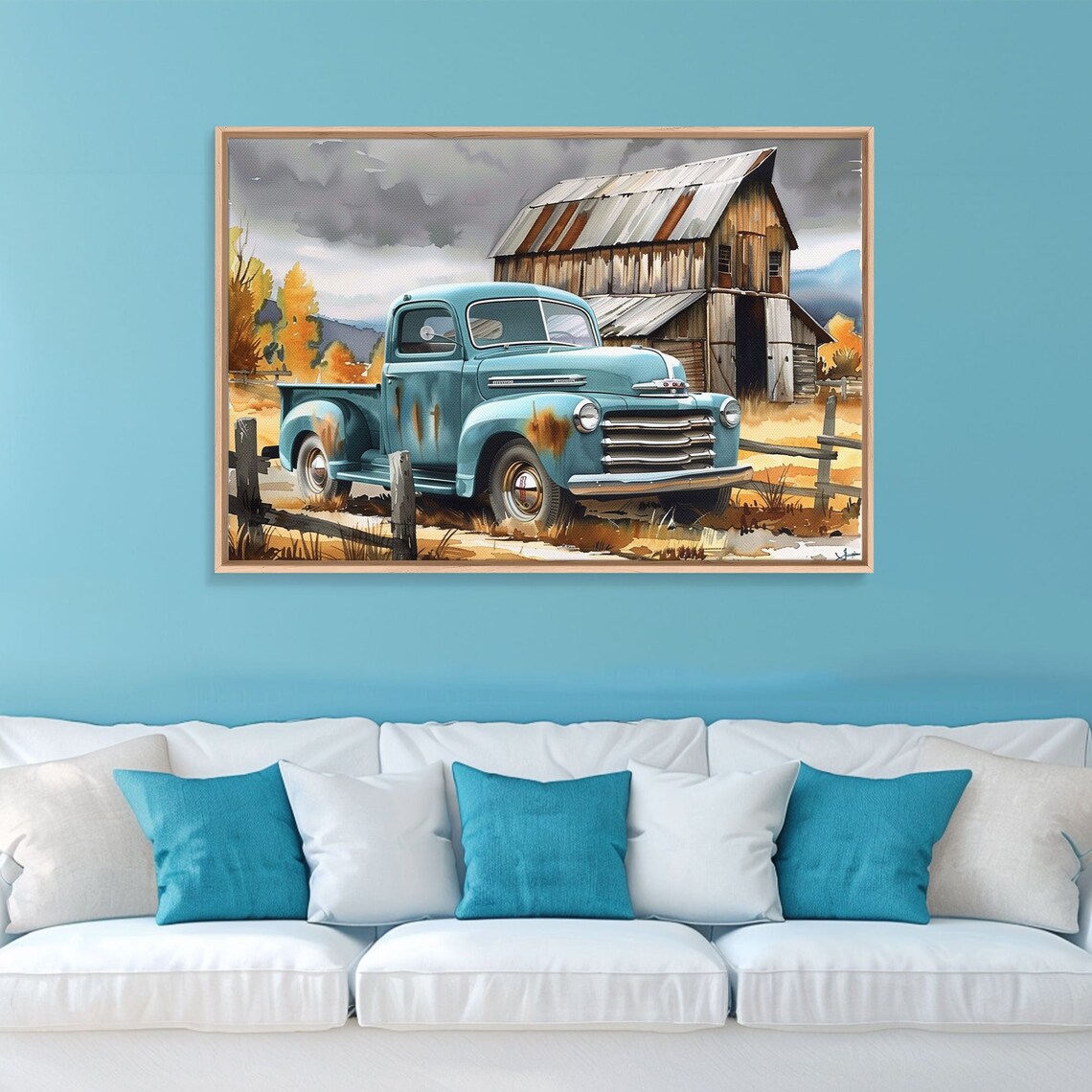 Vintage Turquoise Pickup Truck Old Wooden Barn Autumn Farm Art Poster - Image 5