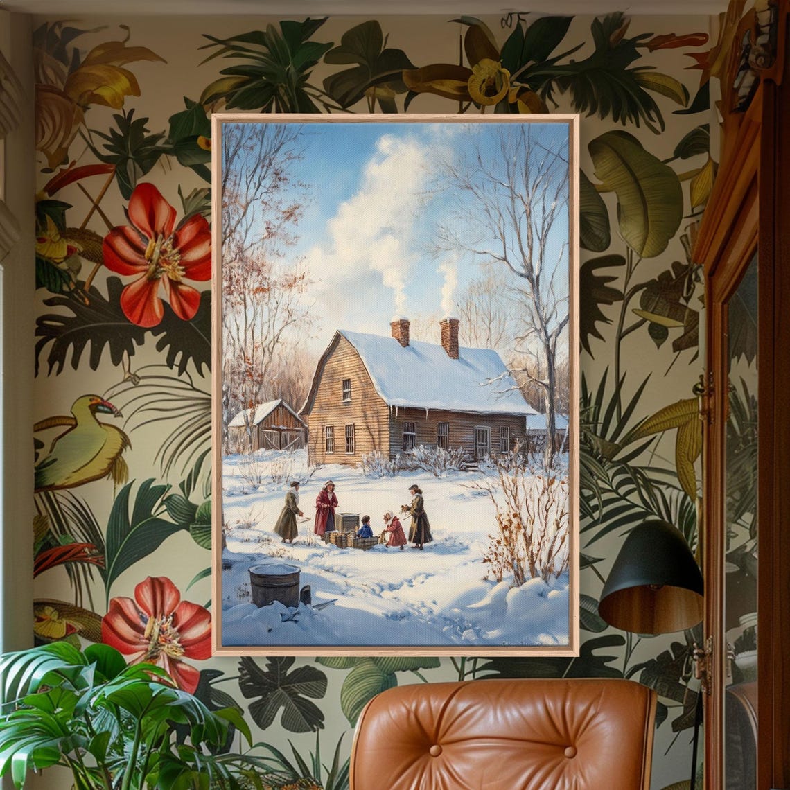 Snowy Country Homestead Framed Print Winter Family Gathering Outside Farmhouse Rustic Christmas Wall Art Holiday Seasonal Decor
