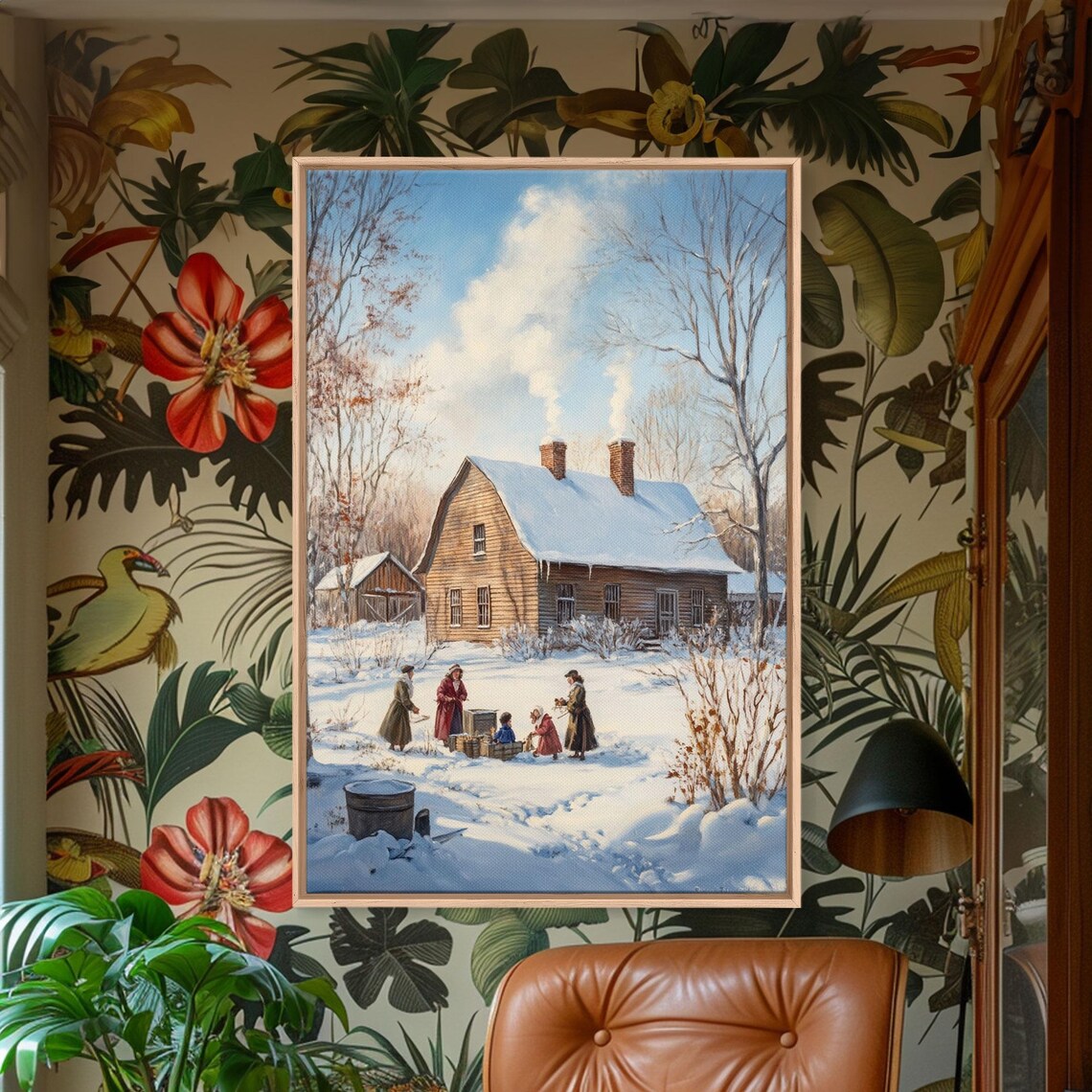 Snowy Country Homestead Winter Family Farmhouse Scene Poster
