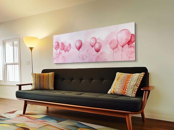 Balloon Painting Framed Print In Pastel Pink Hues Whimsical Horizontal Artwork Light Pink Wall Art For Living Room Decor