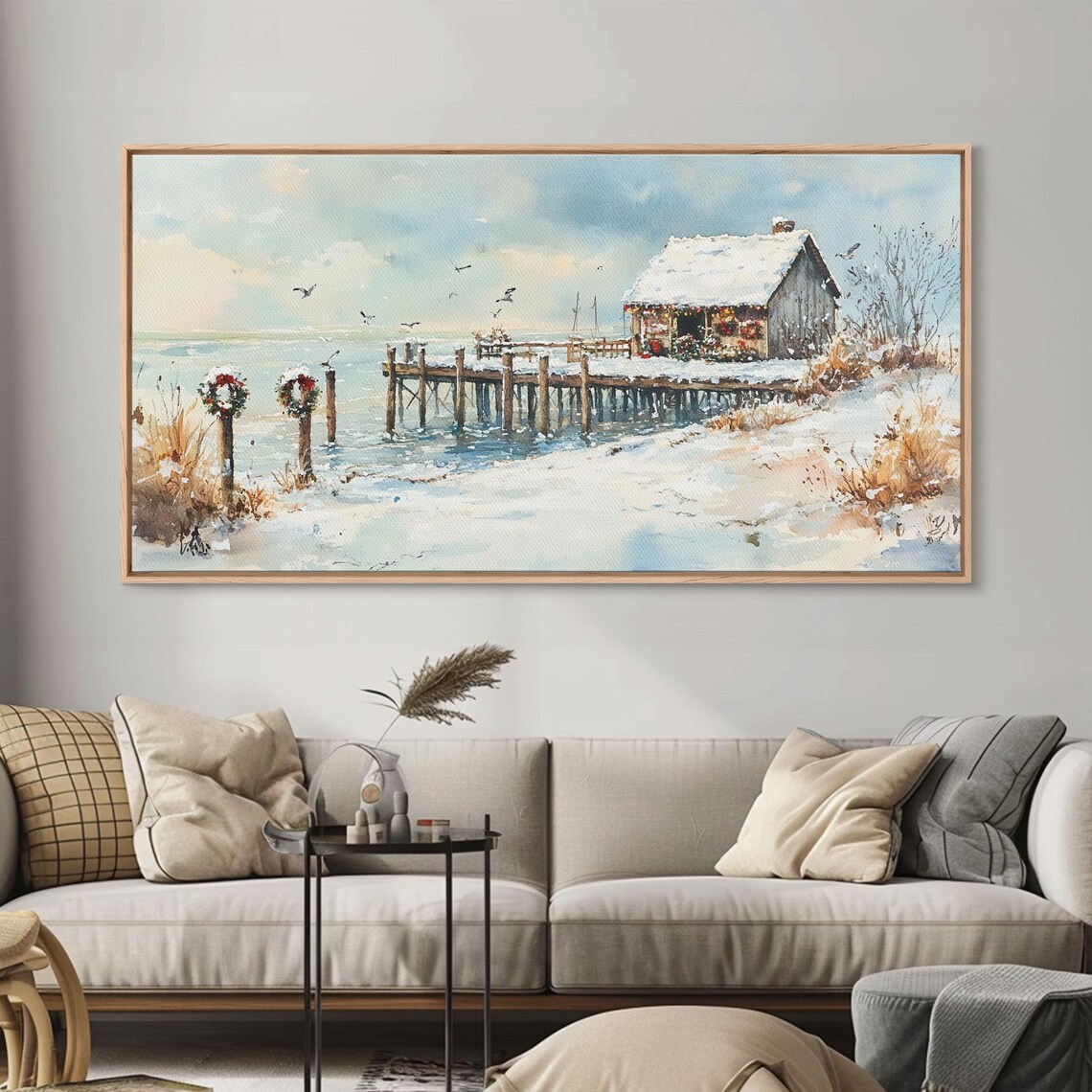 Snowy Fishing Pier Christmas Wreaths Seaside Holiday Art Print - Image 4