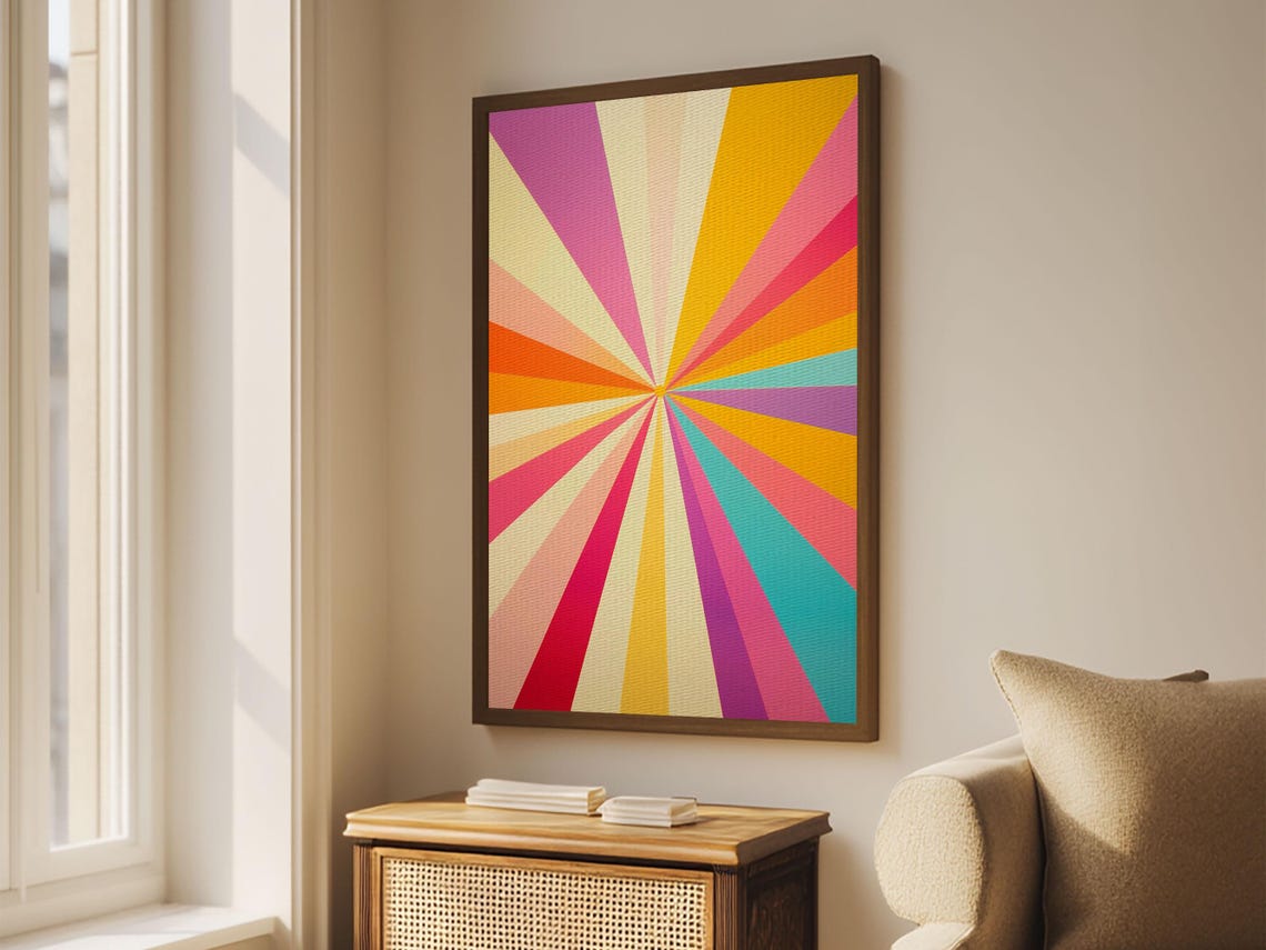 Retro Sunburst Rays Pink Orange Teal Cream Colorful Abstract Poster - Image 4