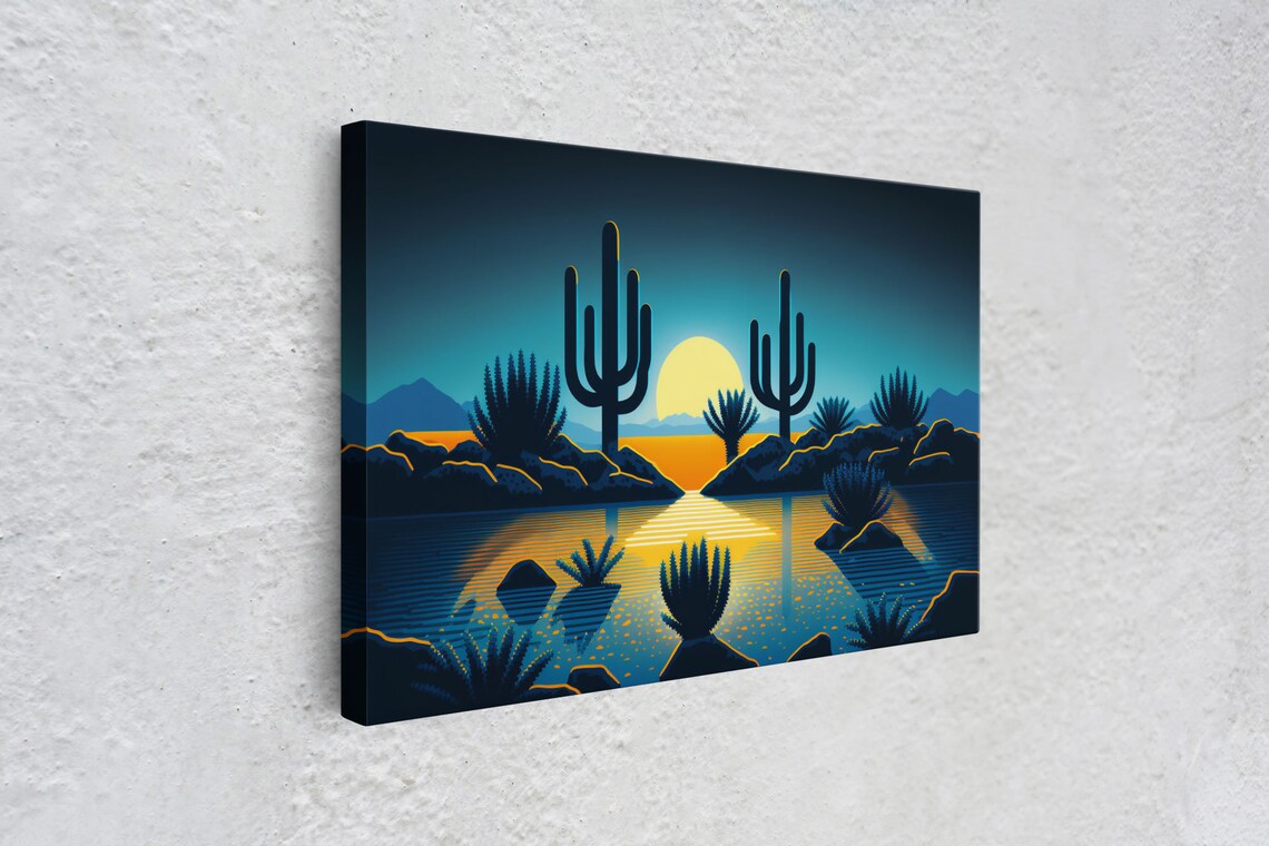 Retro Art Deco Pueblo Desert Landscape, Full Moon Art Print - Image 4