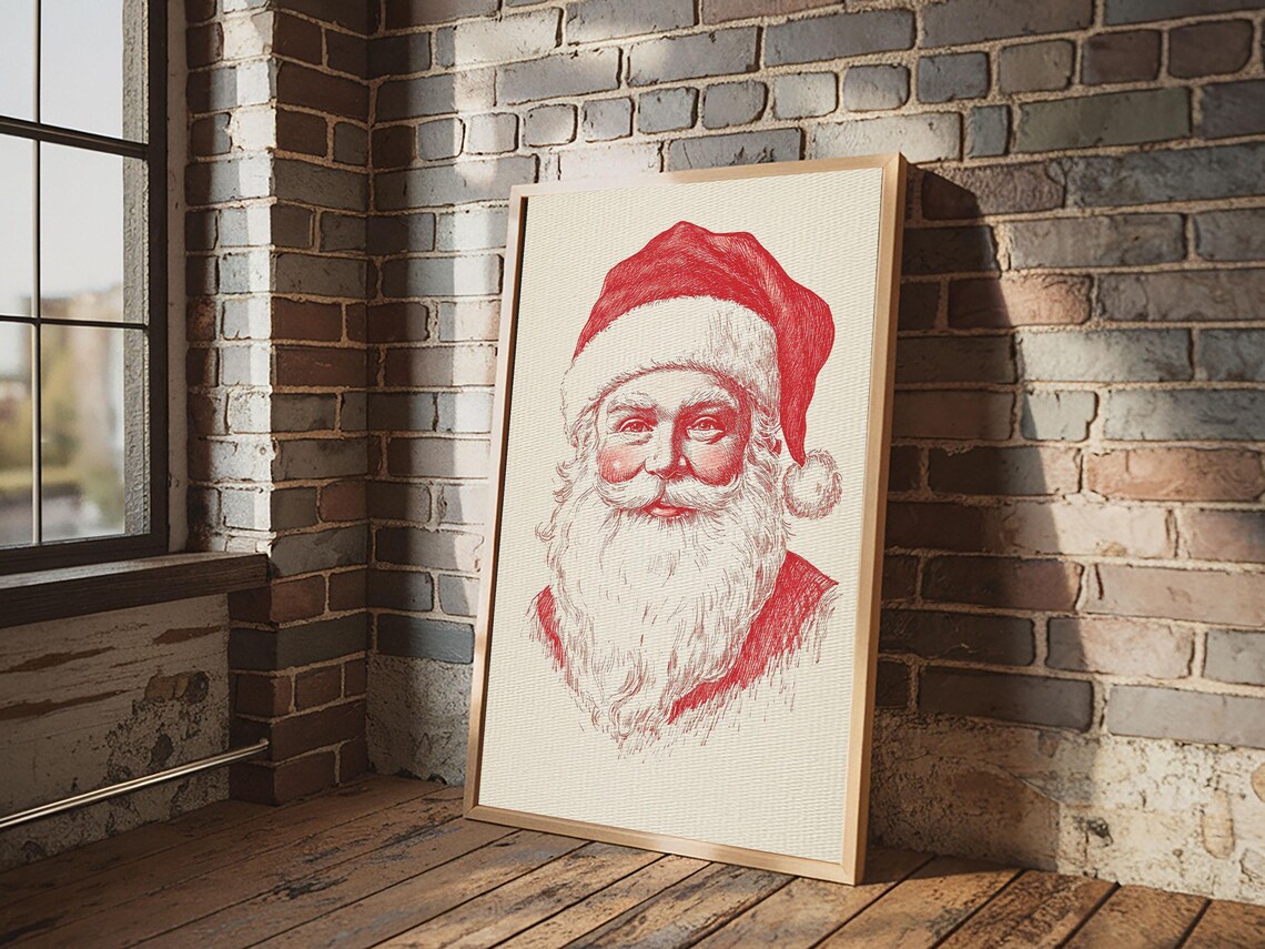 Retro Santa Claus Portrait Red Line Art Christmas Holiday Wall Poster - Image 5
