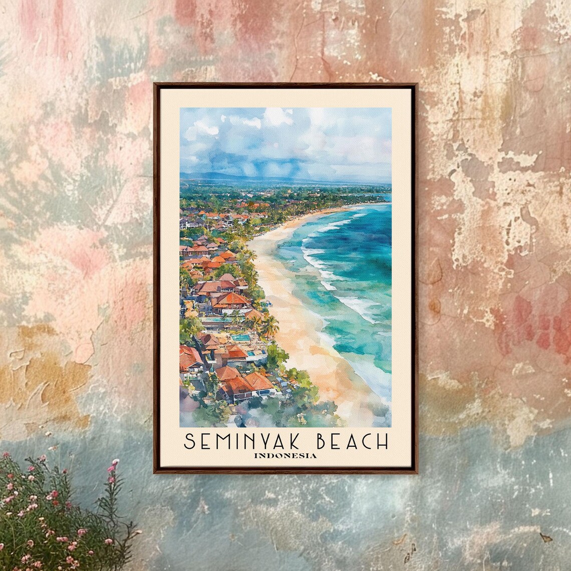 Seminyak Beach Indonesia Aerial Surf Coast Beachfront Village Watercolor Poster - Image 3
