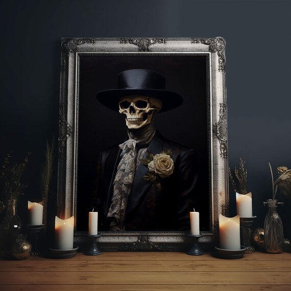 Dapper Skeleton Gentleman In Top Hat With Rose Gothic Portrait Print