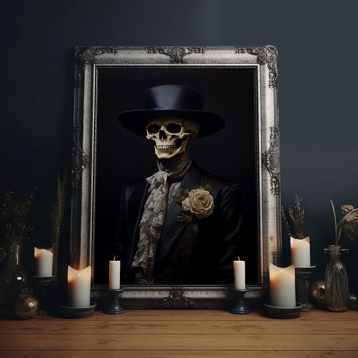 Dapper Skeleton Gentleman In Top Hat With Rose Gothic Portrait Print