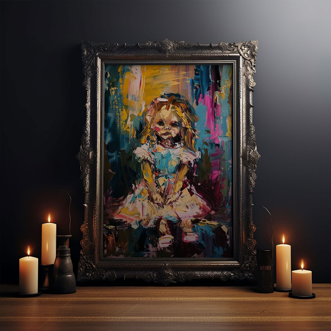Whimsical Creepy Ghost Girl Abstract Impasto Halloween Art Poster - Image 3