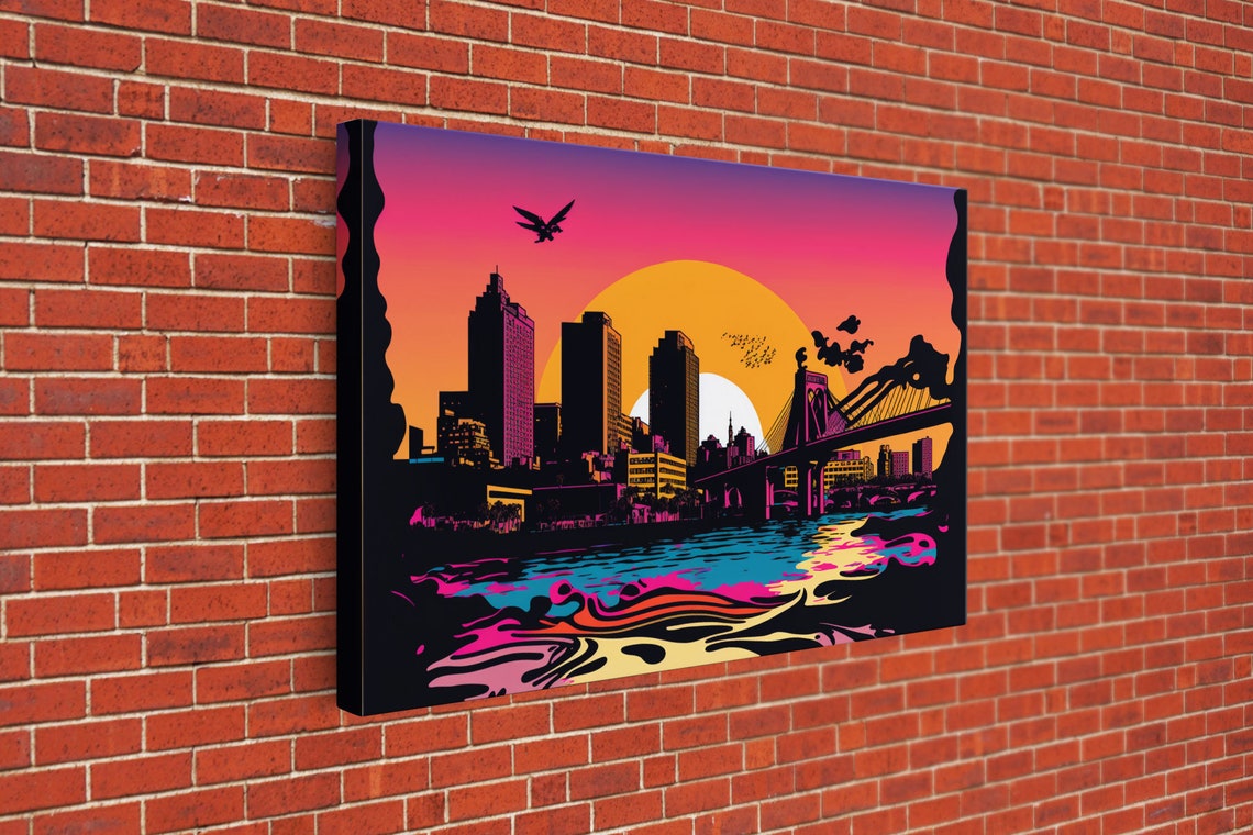 Synthwave City Skyline Sunset Bridge Water Reflection Neon Art Poster - Image 3