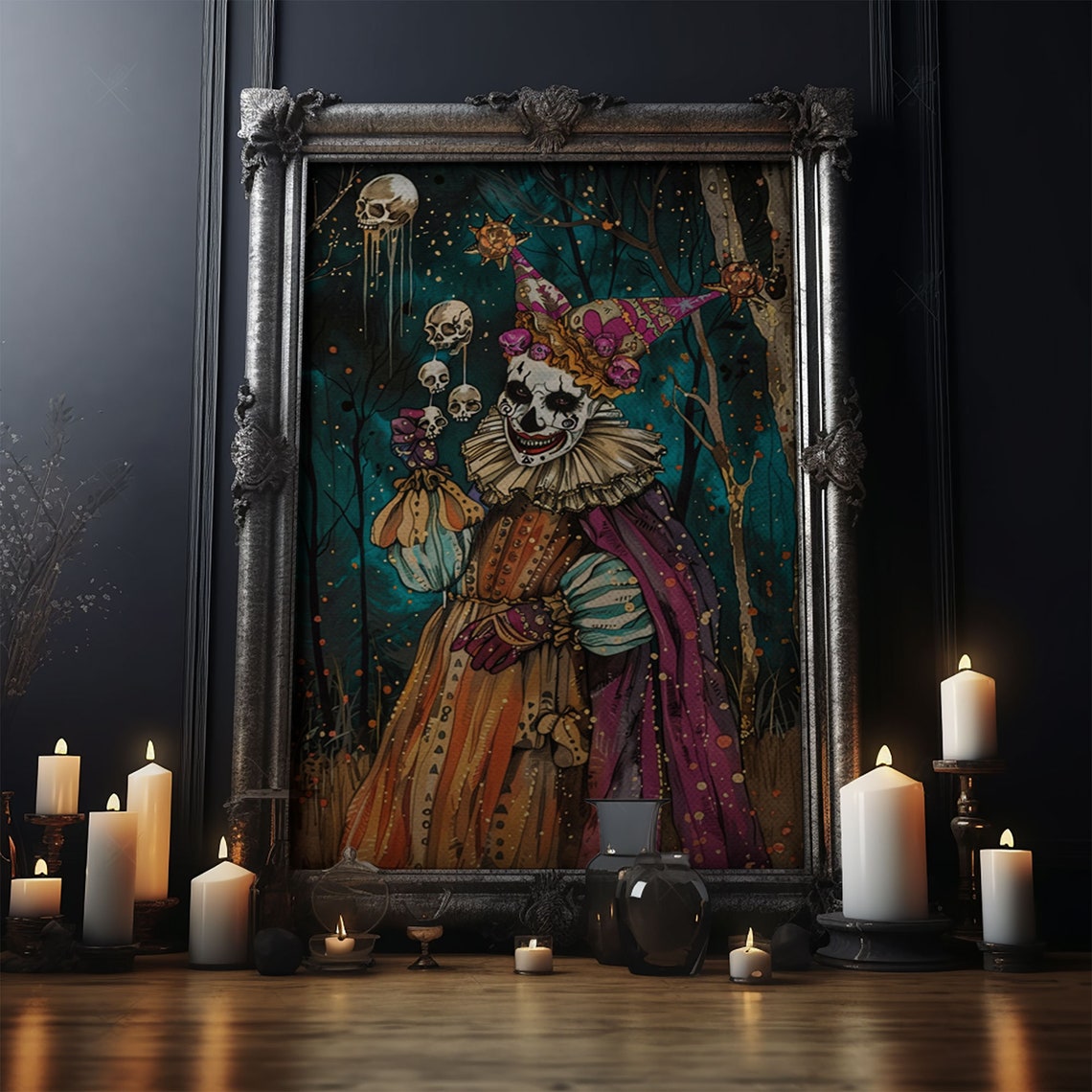 Sinister Jester Skull Face Dark Forest Vintage Horror Art Poster - Image 4