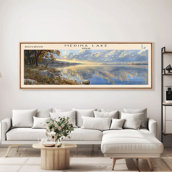 Medina Lake Texas Framed Print Lake House Decor Panoramic Wall Art Travel Poster Landscape Painting Bedroom Decor