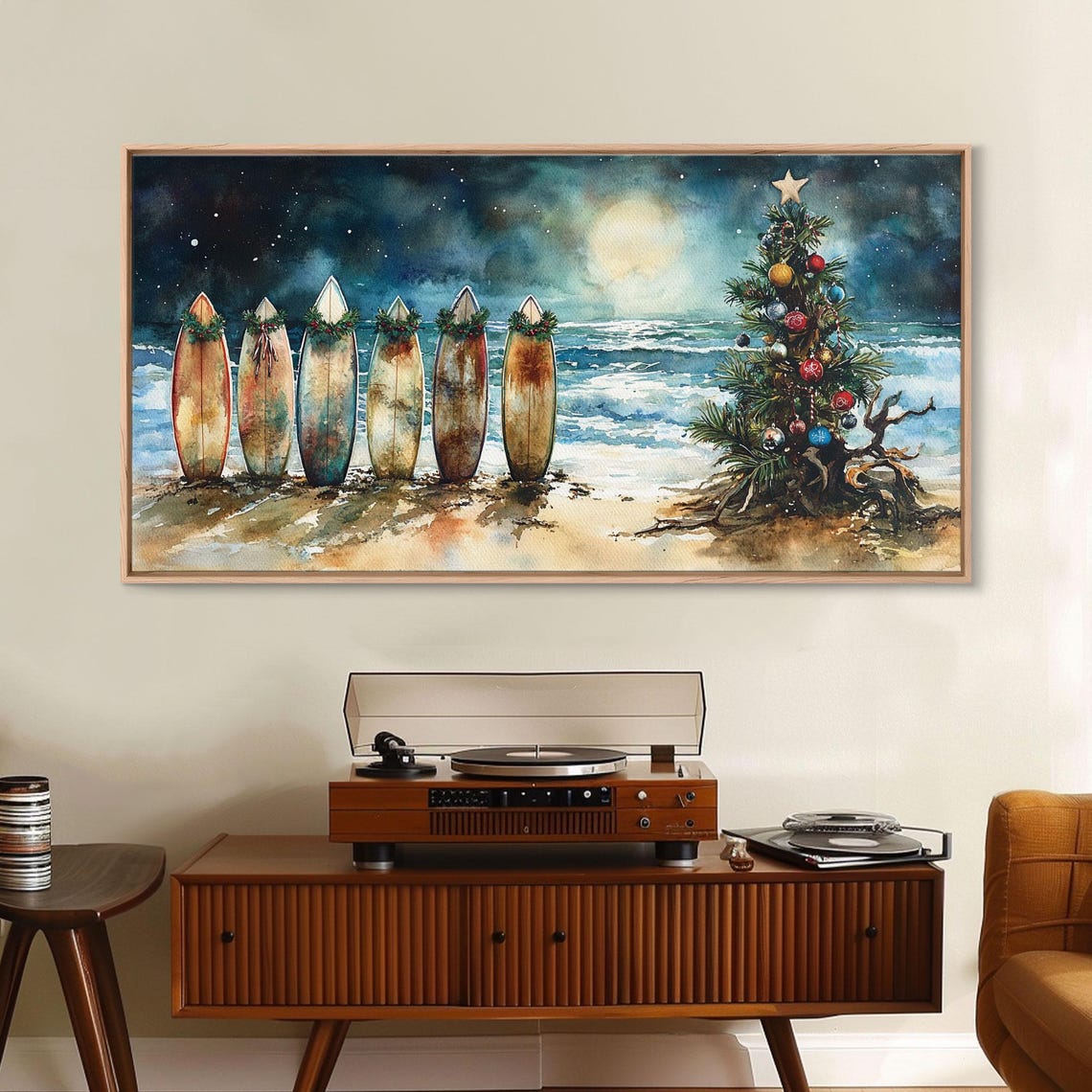Christmas Surfboards Night Beach Moonlit Ocean Holiday Tree Art Poster - Image 4