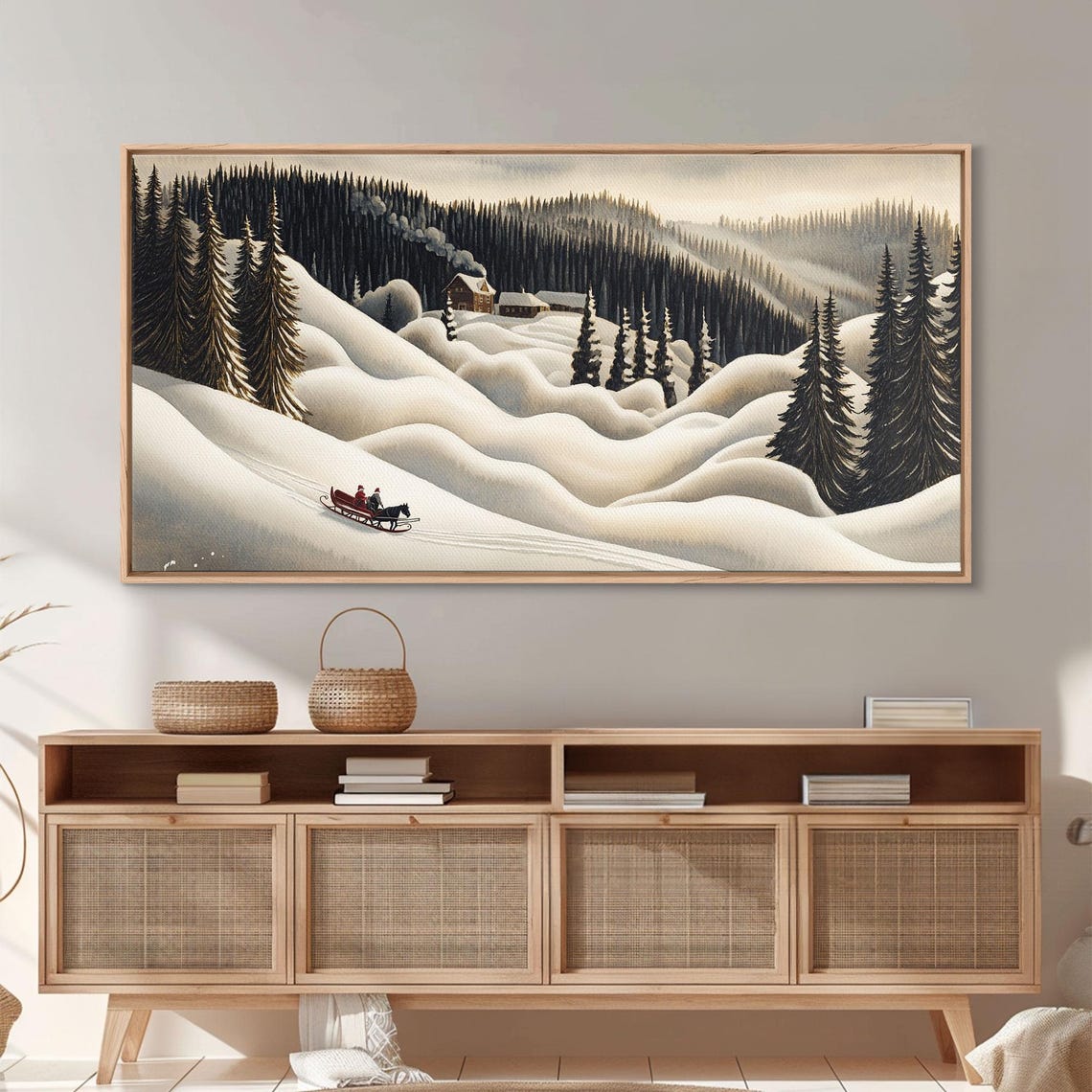 Horse Drawn Sleigh Ride Through Snowy Mountain Valley Art Print - Image 4