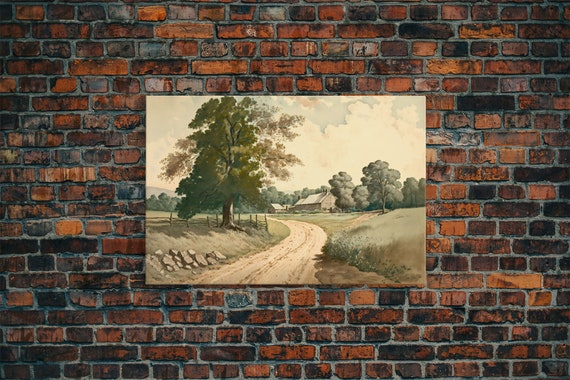 Vintage Landscape Wall Art Print Nature Framed Large Gallery Art Minimalist Art Ready To Hang With Hangers Muted Farmhouse Art